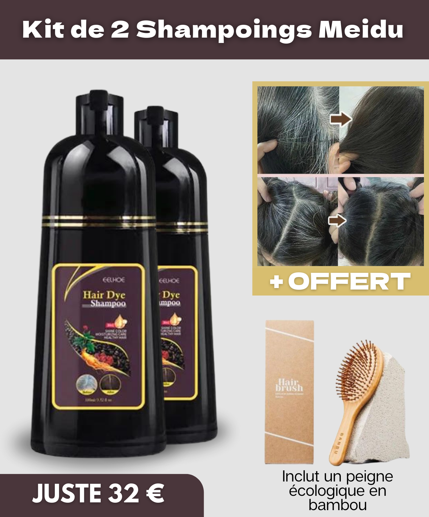 Shampoing Colorant 3-en-1 pour Cheveux Blancs + Peigne Écologique en Bambou Offert